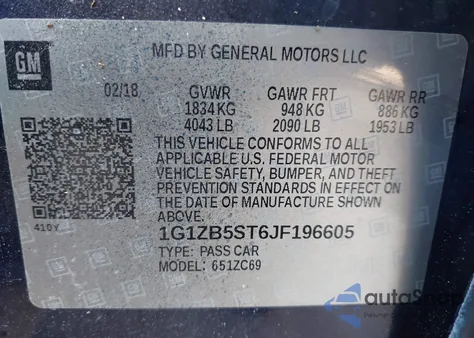 2018 Chevrolet Malibu 1Ls z USA, uszkodzony, nr VIN 1G1ZB5ST6JF196605